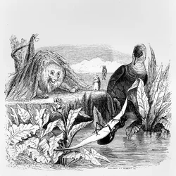 La colomba e la formica e il leone e il ratto, illustrazione per le „Favole“ di La Fontaine, pubblicata da H. Fournier Aîné, 1838