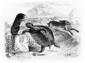 La lepre e la tartaruga, illustrazione per le «Favole» di La Fontaine, pubblicata da H. Fournier Aîné, 1838