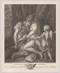 Venere piange Adone, seduta sotto un albero e abbracciandolo, con Cupido a destra
