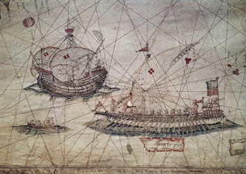 Galera e caravella portoghese, dettaglio della carta nautica del Mediterraneo