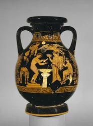 Pelike apula a figure rosse decorata con una scena di una sposa alla sua toilette, il Gruppo Suckling, trovata a Basilicata, c.375-350 a.C.
