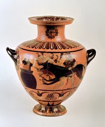 Hydria ionica arcaica raffigurante Eracle che conduce Cerbero da Euristeo, da Cerveteri, ca. 530 a.C.