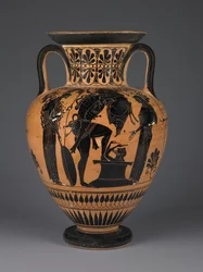 Anfora attica ateniese a figure nere con Eracle che porta il cinghiale di Erimanto, ca. 510 a.C.