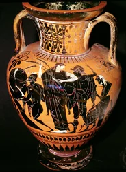 Vaso a figure nere attico raffigurante Synthos, Demetra, Hermes e il barcaiolo, c.535-540 a.C.