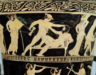Cratere a calice a figure rosse attiche (dettaglio di Teseo e il gigante Procruste)