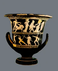 Cratere a calice a figure rosse attiche che raffigura (sopra) le imprese di Teseo e (sotto) i satiri Sikinnis, Komos e Simos accendono torce dai carboni che Prometeo porta in un gambo di finocchio, c.420 a.C.
