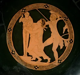 Coppa attica a figure rosse raffigurante Cassandra inseguita da Aiace in cerca di rifugio presso uno xoanon di Atena, c.430 a.C.