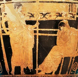 Skyphos attico del pittore di Telemaco raffigurante Penelope e Telemaco