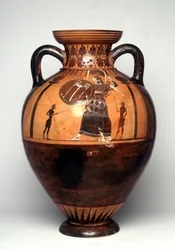 Vaso a figure nere raffigurante Atena che brandisce uno scudo e una lancia, 550 a.C. (ceramica)