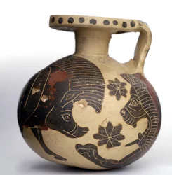 Aryballos sferico corinzio a figure nere raffigurante animali, Periodo Corinzio Medio (600-575 a.C.)