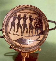 Coppa che mostra Ulisse che acceca Polifemo, ceramica a figure nere, Grecia, Civiltà greca, VI secolo a.C.