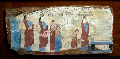 Antichità greca: sacrificio di un agnello. Tavola lignea da Sicione, nel Golfo di Corinto. VI secolo a.C. Atene, Museo archeologico nazionale