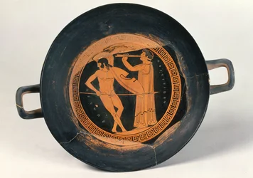 Coppa a figure rosse greca, raffigurante un guerriero che danza il Pirrichio, di Aristeides il Vecchio