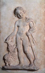 Magna Grecia: bambino che gioca, rilievo in marmo, V secolo a.C.