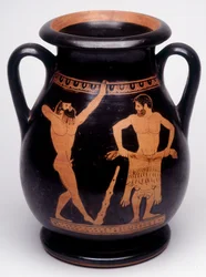 Pittura su vaso: Eracle (Ercole) si prepara a rivestirsi della pelle di leone, un atleta alla sua sinistra si riscalda. 490 a.C. BNF, Gabinetto delle Medaglie.