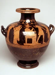 Dipinto su vaso: Rappresentazione di Giove (Zeus) troncato al centro. Sopra la sua testa appare Atena, ogni esercito (nascita di Atena). Di fronte a Zeus, è Efesto. 470 a.C. BNF, Cabinet des Medailles