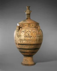 Cratere di terracotta con coperchio sormontato da una piccola idria