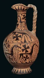 Oinochoe a tre bocche decorata con cavalli, da Skyros, Sporadi, Periodo Orientalizzante (675-650 a.C.)