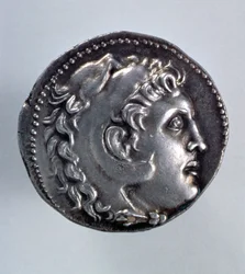Tetradracma di Alessandro Magno raffigurante la testa di Eracle con un copricapo di pelle di leone