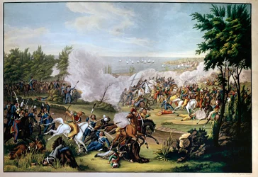 Battaglia di Missolungi, Grecia, nel 1822, difesa da Botzaris, che muore nel conflitto contro i Turchi di Omar Brionis (vittoria dei Greci) (incisione)