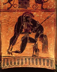 Vaso François, cratere attico a volute firmato dal vasaio Ergotimos e dal pittore Kleitias, (dettaglio) Aiace Telamonio che trasporta il corpo di Achille, 570-560 a.C.