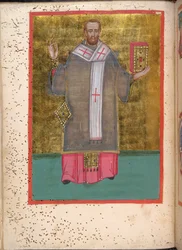 Egerton 2392, f.5v, miniatura di Giovanni Crisostomo in piedi con un libro, dal Leitourgikon, comprendente funzioni di ordinazione e preghiere