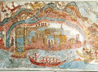 Affresco che raffigura una processione navale da Akrotiri, Isola di Thera, Santorini, Grecia (dettaglio)