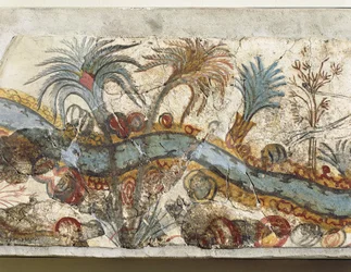 Affresco raffigurante paesaggio fluviale, da Akrotiri, isola di Thera, Santorini, Grecia (dettaglio)
