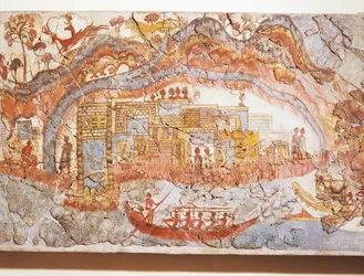 Civiltà greca, affresco raffigurante processione navale, da Akrotiri, Isola di Thera, Santorini, Grecia