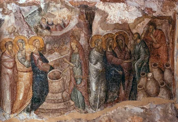 Nozze di Cana, affresco del nartece, Chiesa di Afendiko, Monastero di Brontochion