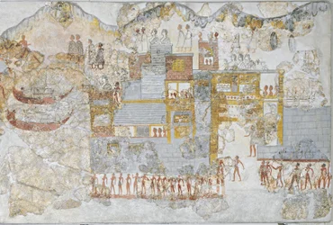 Affresco in miniatura che raffigura una flotta navale che lascia il molo, dalla casa occidentale di Thera o Santorini, Grecia