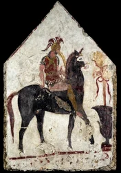 Lastra dipinta, il cosiddetto cavaliere nero, da Paestum, Andriuolo, tomba 58