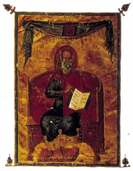 Ritratto di Ippocrate (-460 - -377) con un libro (probabilmente il Giuramento di Ippocrate - codice di deontologia). Manoscritto greco del 1350.