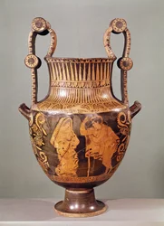 Cratere a figure rosse che raffigura una conversazione tra un efebo e una donna che indossa un himation, da Beozia