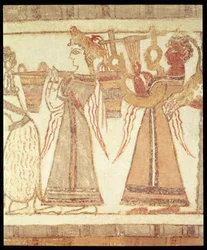 Scena rituale di adorazione, possibilmente riguardante la venerazione dei morti, dettaglio della decorazione su un sarcofago da una tomba ad Ayia Triada, Creta, periodo tardo minoico, c.1390 a.C.