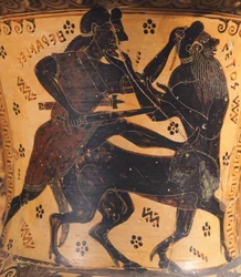 Anfora, attribuita al pittore di Nettos, ceramica a figure nere, dettaglio che mostra Ercole e il centauro, civiltà greca, VII secolo a.C.