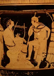 Orfeo tra i Traci, Krater attico a colonna a figure rosse, 440 a.C. circa (ceramica)(
