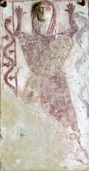 Pittura policroma su pinax e rilievo raffigurante una divinità femminile con serpente dall