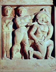 Rilievo raffigurante Perseo che aiuta Atena a uccidere la Gorgone, metopa dal Tempio di Selinunte, Sicilia (pietra)