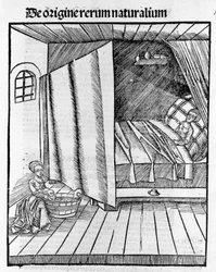 Una levatrice pulisce il neonato mentre la madre riposa. Incisione in "Margarita Philosophica" di Gregor Reisch (1467-1525), Basilea