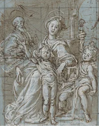 Sacra Famiglia con il Bambino San Giovanni Battista recto, schizzi su larga scala...
