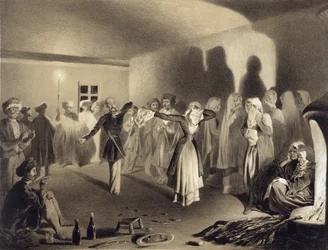 Festa danzante a Kagha-Choura, Daghestan, tavola 55 da un libro sul Caucaso, inciso da Celestin Francois Nanteuil, pubblicato da Alfred Leon Lemercier, Parigi, 1847
