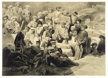 Pasto militare tra le rovine a Sioukh, Daghestan, tavola 69 da un libro sul Caucaso, inciso da Celestin Francois Nanteuil (1813-73) pubblicato da Alfred Leon Lemercier, Parigi, 1847