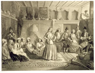 La sala di riposo vicino ai bagni a Shemakha, sulla steppa di Shirvanskaya, tavola 40 da un libro sul Caucaso, inciso da Charles Claude Bachelier e Adolphe Bayot, pub. da Alfred Leon Lemerci