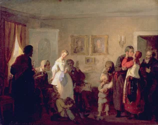 Congratulazioni ai novelli sposi in una casa padronale, 1860