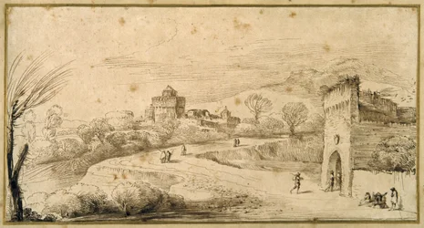 Paesaggio con una torre merlata e una strada tortuosa