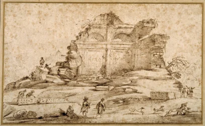 Paesaggio con rovine classiche e un giovane attaccato da cani