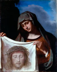 Santa Veronica. Il Santo Velo rappresenta il volto di Cristo il cui sudore si dice che Veronica abbia asciugato durante la salita al Calvario. Dipinto di Giovanni Francesco Barbieri detto Il Guercino (1591-1666)