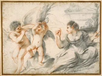 Venere rimprovera Cupido, mentre un Cupido più anziano lo lega a un albero