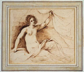 Una donna nuda reclinata che solleva una tenda